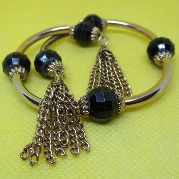 Wrap Beaded Tassel Bracelet Beaded Wrap Beaded Gold Tone Black Bracelet 1950s - Picture 1 of 10
